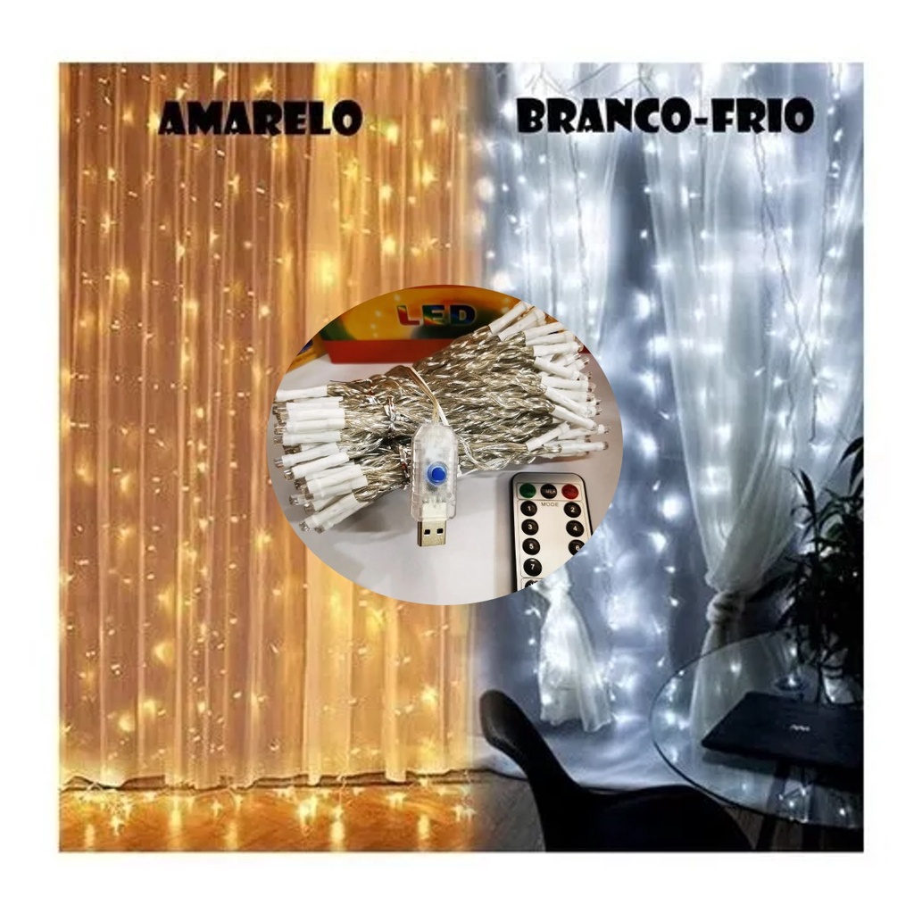 Cortina 300 Leds 3x3 Metros Festa Casamento Eventos Natal Branco Amarelo
