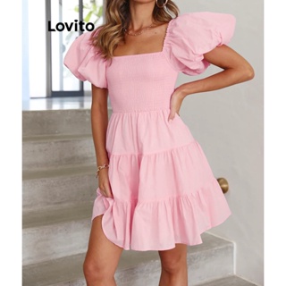 Lovito Vestido Casual Liso Com Babados Em Cascata Com Bainha Para Mulheres LNE31200 (Rosa)