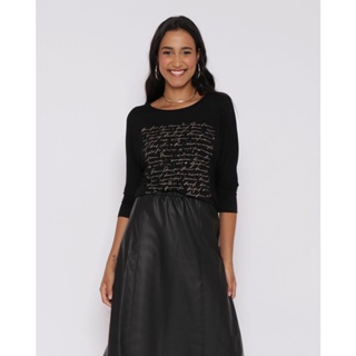 Blusa Feminina Manga 7/8 Com Strass Preta