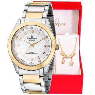 Relógio Champion Feminino Analógico Bicolor Kit Pulseira Berloques Original À Prova d