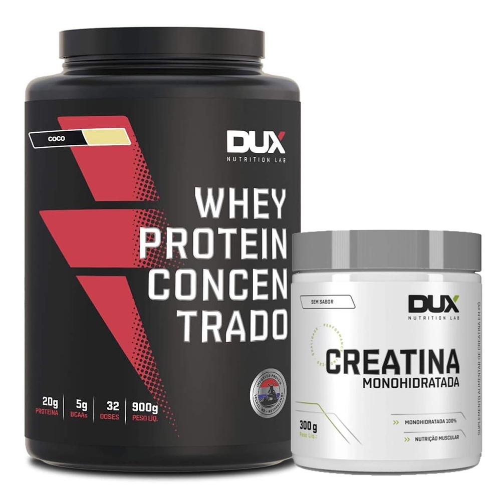 Kit Whey Protein Concentrado Dux 900g Pote Sabor Coco + Creatina MonoHidratada Pote 300g Dux