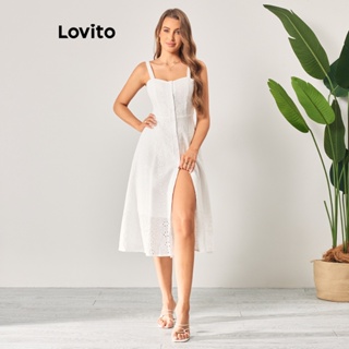 Lovito Boho Vestido Básico com Botões Frontais para Mulheres LBL06120 (Branco)