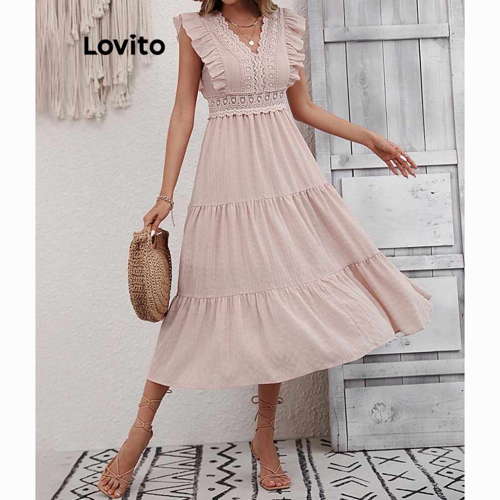 Lovito Vestido Boho Liso Com Babados Para Mulheres LNL36143 (Luz Rosa)