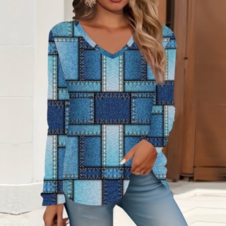 2023 Camiseta De Manga Comprida De Primavera E Outono Casual Impresso Em V Com Decote