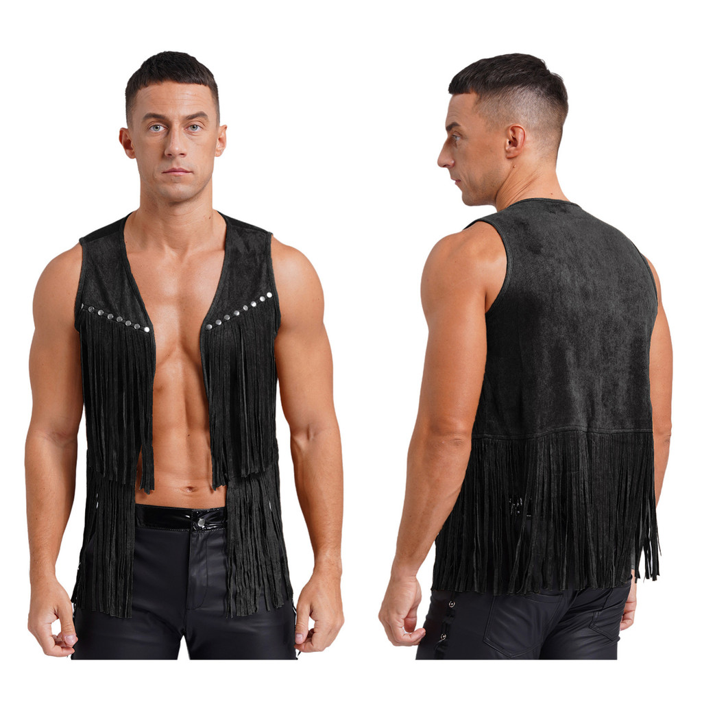 Aislor Men Faux Suede Tassel Vest Fashion Rivets Fringe Waistcoat