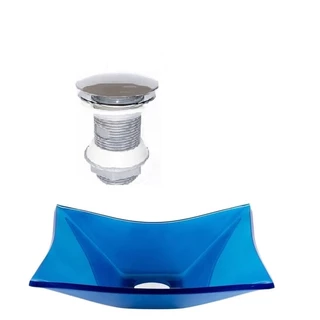 CUBA DE VIDRO RETANGULAR 39CM AZUL ESCURO + VALVULA CLICK