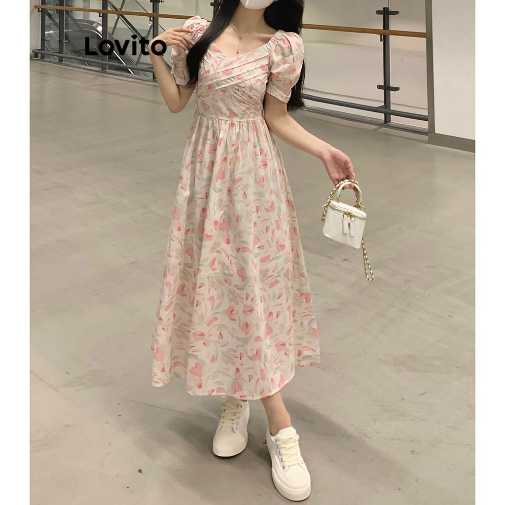 Lovito Vestido com Mangas Bufantes e Amarração para Mulheres LNA16048 (Rosa)