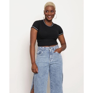 Blusa Feminina Manga Curta Canelada Preta