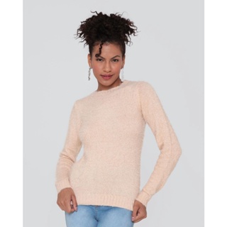 Suéter Feminino Tricô Pelinhos Bege Claro