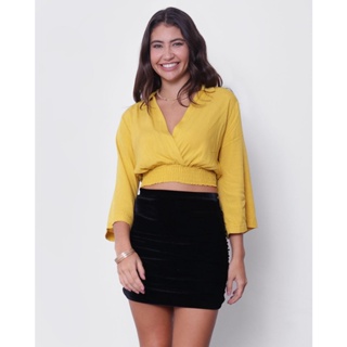 Blusa Cropped Feminina Decote Transpassado Amarela