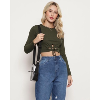 Blusa Cropped Feminina Detalhe Vazado Verde