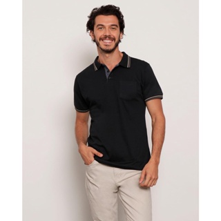 Polo Masculina Manga Curta Detalhe Listras Preta