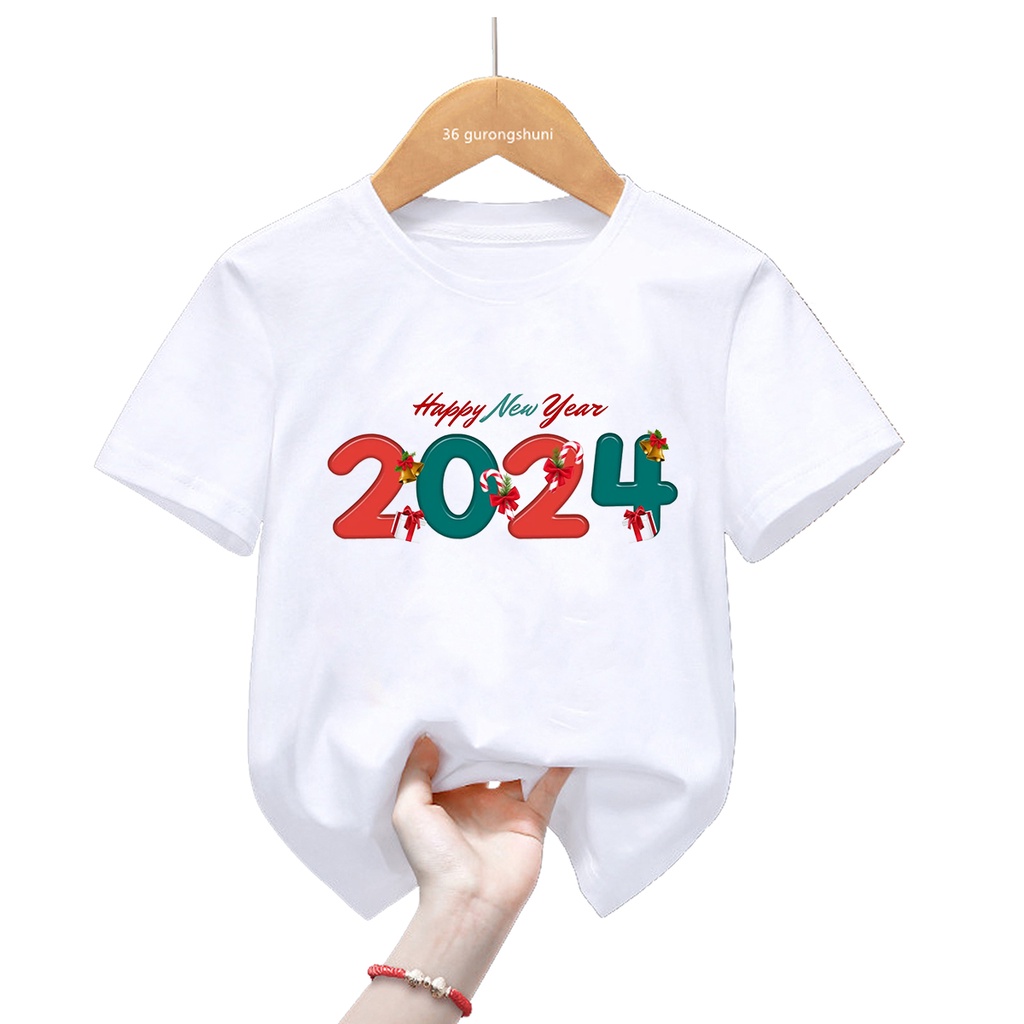 Engraçado Kawaii Número Olá 2024 Natal Feliz Ano Novo Camiseta Papai Noel  Chapéu Infantil Roupas Unisex Boys Meninas Manga Curta