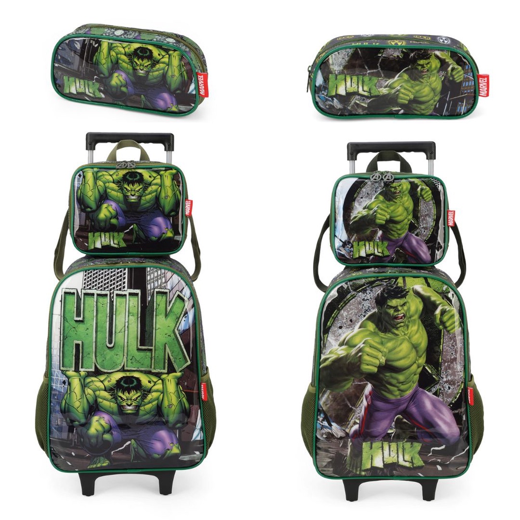 Kit Mochila Carrinho + Lancheira + Estojo Hulk Luxcel