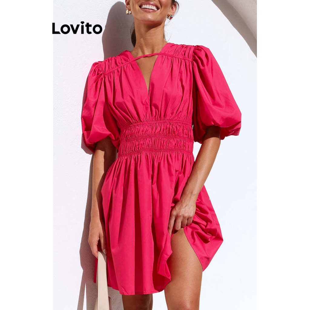 Lovito Vestido com Recortes Simples Casual para Mulheres LNL35006 (Rosa Vibrante/Preto)