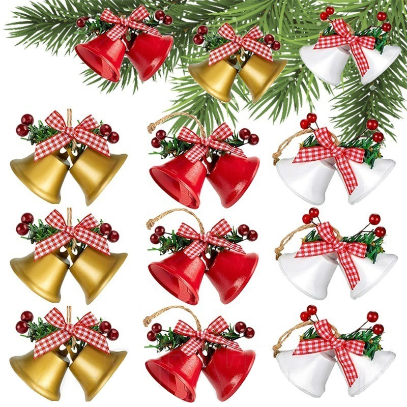 Natal jingle bells ornamento xadrez arco bagas ferro sino árvore