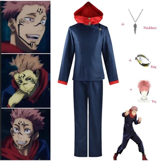 Anime Jujutsu Kaisen Itadori Yuji Cosplay Traje Para Homens Adultos Calça De Capuz Azul Preto Curto Cor-De-Rosa Anel De Colar Homem Conjunto De Festa De Carnaval Uniforme