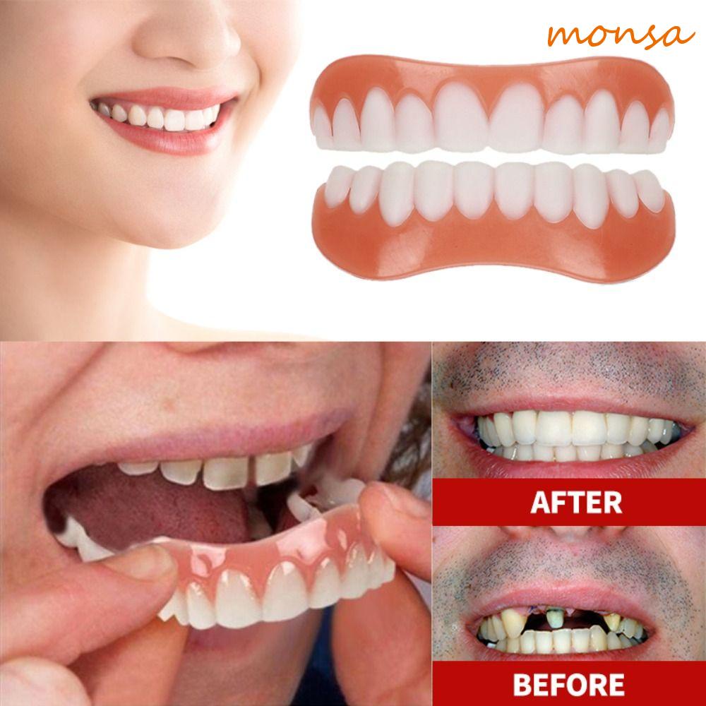 MONSA Dentes Falsos , Com Cola Dentária De Enchimento Branqueamento Dentário Superior Facetas Inferiores , Sorriso Removível Silicone Cuidado Oral Maquiagem