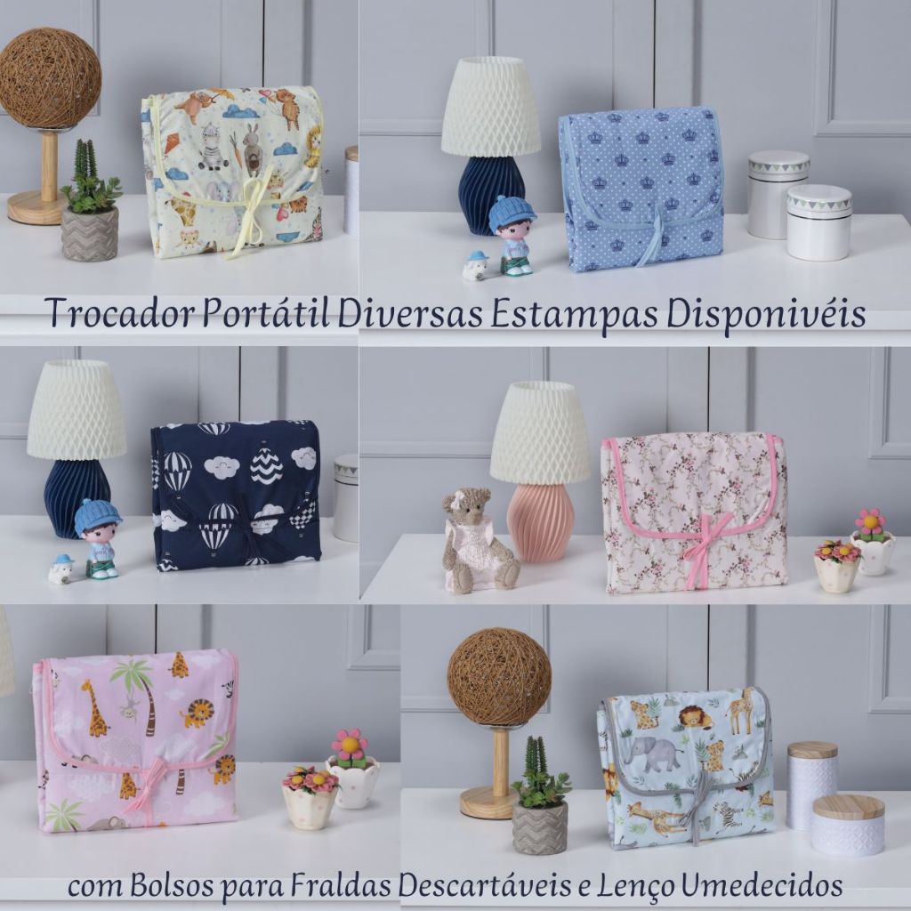 Trocador Portátil de Bebê Impermeável para Viagens Bolsa Maternidade com Porta Fralda e Lenço Umedecidos Tecido Estampado 100% Algodão