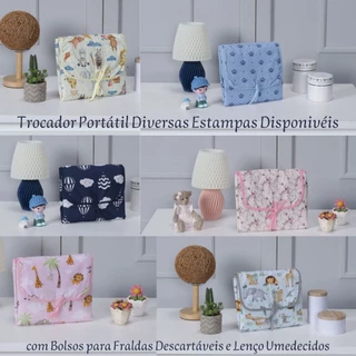 Trocador Portátil de Bebê Impermeável para Viagens Bolsa Maternidade com Porta Fralda e Lenço Umedecidos Tecido Estampado 100% Algodão