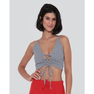 Regata Cropped Feminina Canelada Amarração Cinza
