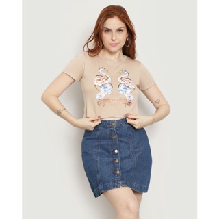 Blusa Feminina Cropped Manga Curta Estampa Flores Bege