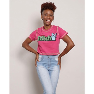 Camiseta Feminina Cropped Disney Stitch Manga Curta Rosa