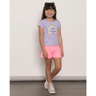 Short Infantil Moletinho Curto Com Cordão Neon Rosa