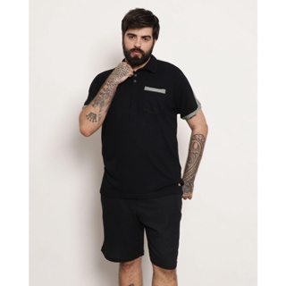 Polo Plus Size Masculina Manga Curta Bolso Piquet Recortes Preta