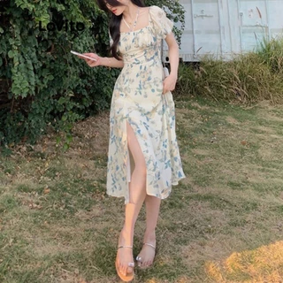 Lovito Casual Vestido Feminino Floral Evasê Midi com Gola Quadrada Fenda Frontal e Manga Bufante LNE02193 (Branco)