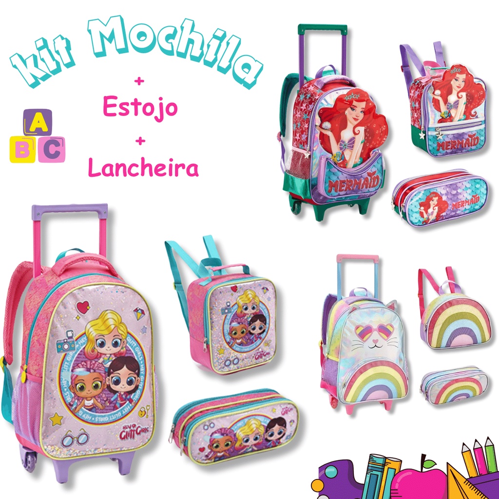 Mochila Infantil de Rodinhas + estojo + lancheira Menino Menina Escolar Resistente Bolsa Impermeável