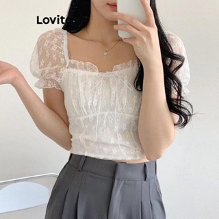 Lovito Blusa Romântica De Renda Lisa Para Mulheres LNE41187