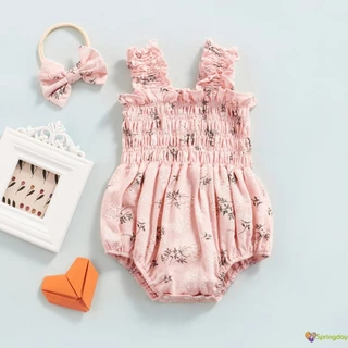 Macacão Infantil sem Mangas para Meninas, Verão, Estampa Floral, Macacão com Faixa na Cabeça