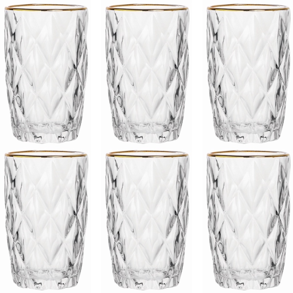 Conjunto De 6 Copos De Vidro Diamante Borda Fio Ouro Class Home 350ml Suco Bebida Água Refrigerante Restaurante Cozinha Casa Almoço Refeição