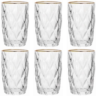 Conjunto De 6 Copos De Vidro Diamante Borda Fio Ouro Class Home 350ml Suco Bebida Água Refrigerante Restaurante Cozinha Casa Almoço Refeição
