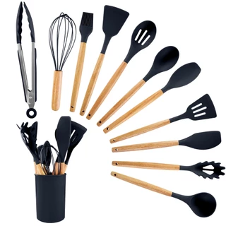 Kit 12 Utensílios Cozinha Completo Silicone Cabo De Madeira Premium Com Copo Suporte para Armazenar em Oferta na Shopee