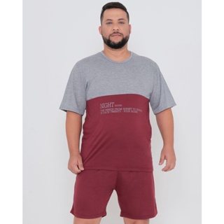 Pijama Masculino Plus Size Manga Curta Recortes Vinho