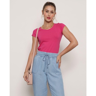 Blusa Feminina Básica Gola V Manga Curta Rosa