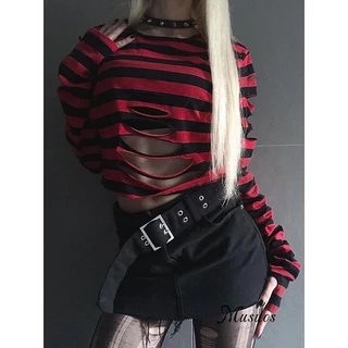 Musuos-Y2K Camisetas Góticas De Manga Comprida Com Listras De Pescoço Redondo Malha De Halloween