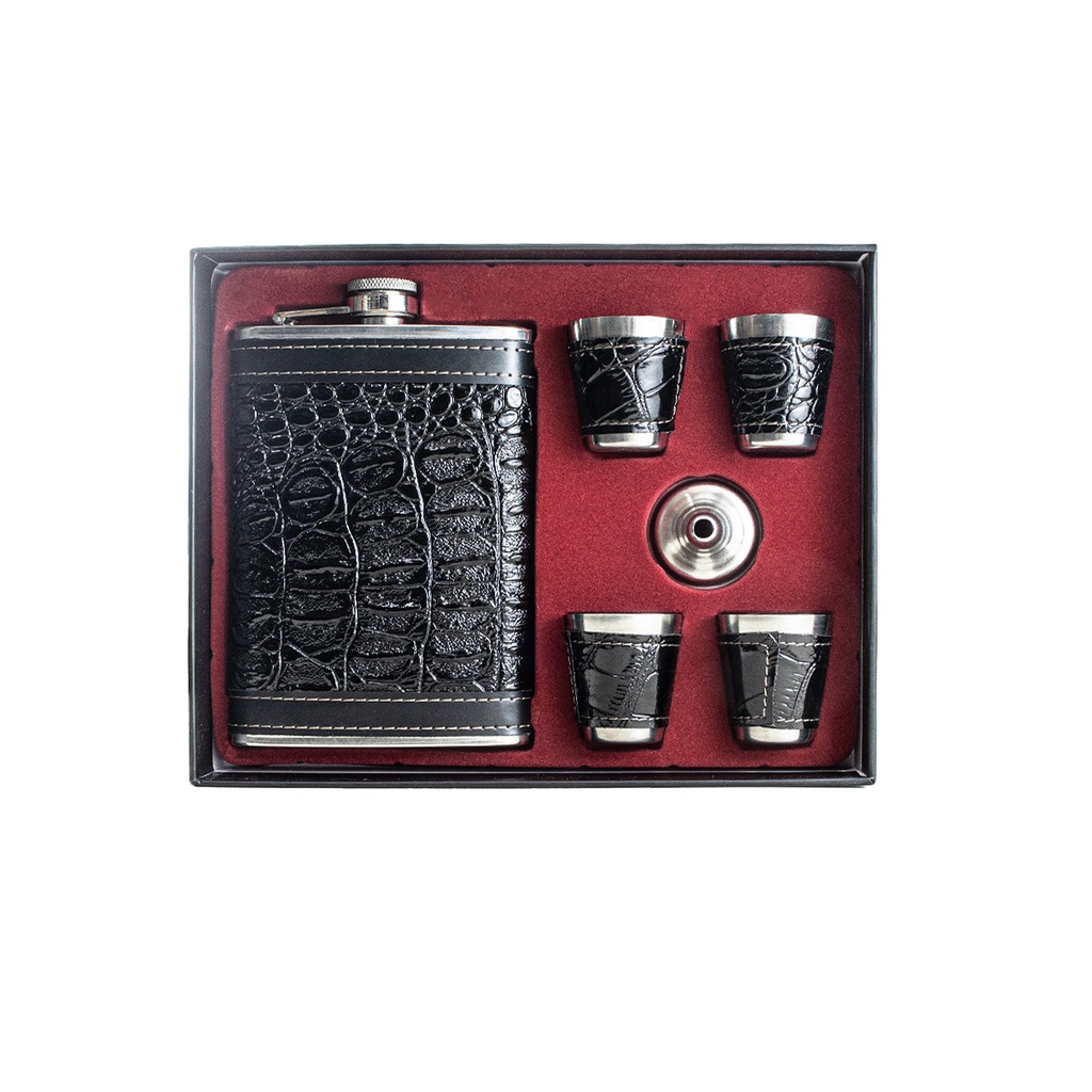 Cantil De Bolso Aço Inox Couro Whisk Porta Bebida Portátil + 4 Minicopos Funil 375ml