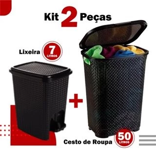 Kit Com Cesto de Roupa Rattan c/ Tampa e Alça Basculada 50LTS+ Lixeira 7 lts Rattan Preta