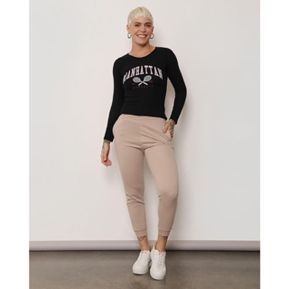 Calça Moletinho Feminina Jogger Bolso Bege