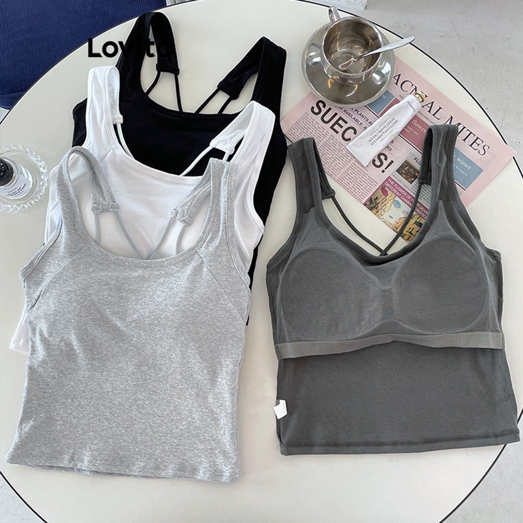 Lovito Regatas Básicas Casuais Lisas Cruzadas Para Mulheres L68ED049 (Cinza Claro/Cinza Escuro/Branco/Preto)