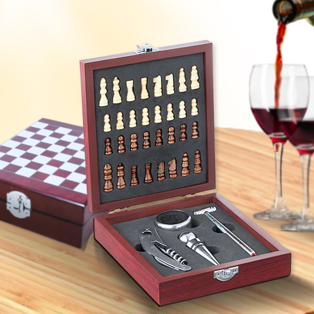Kit 2 Em 1 Acessórios Vinho Wine Xadrez Presente Sofisticado