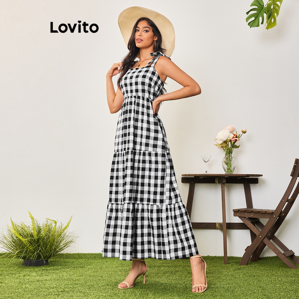 Lovito Vestido Boho Xadrez Com Renda Para Mulheres LBA05057 (Preto)