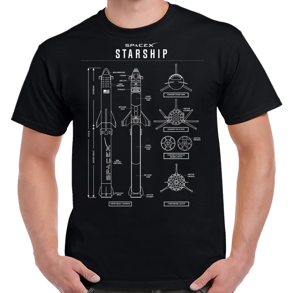 Camiseta SpaceX Starship Blueprint 4XL , 5XL , 6XL , Algodão Masculino