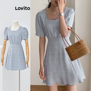Lovito Casual Vestido Feminino Floral Plissado L71ED151 (Azul Claro)