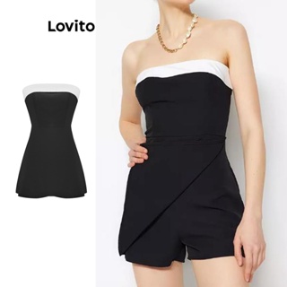 Lovito Macacão Assimétrico de Bloco de Cores para Mulheres L59ED157 (Preto)