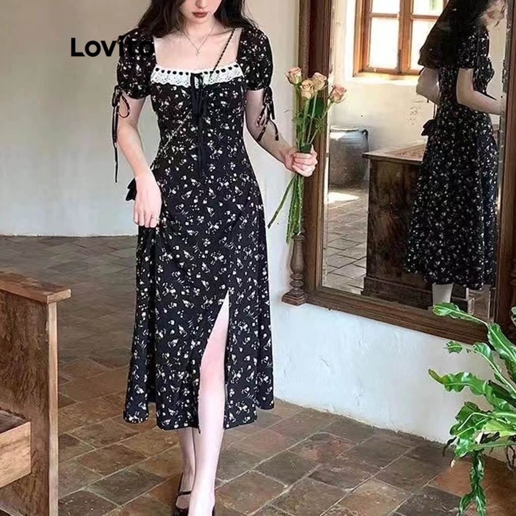 Lovito Boho Vestido Feminino Floral de Manga Curta e Malha de Contraste com Renda e Fenda LNE12090 (Preto)