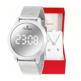 Relógio Champion Feminino Digital Prata Espelhado Pulseira Mesh + Colar e Brincos Original CH40106S